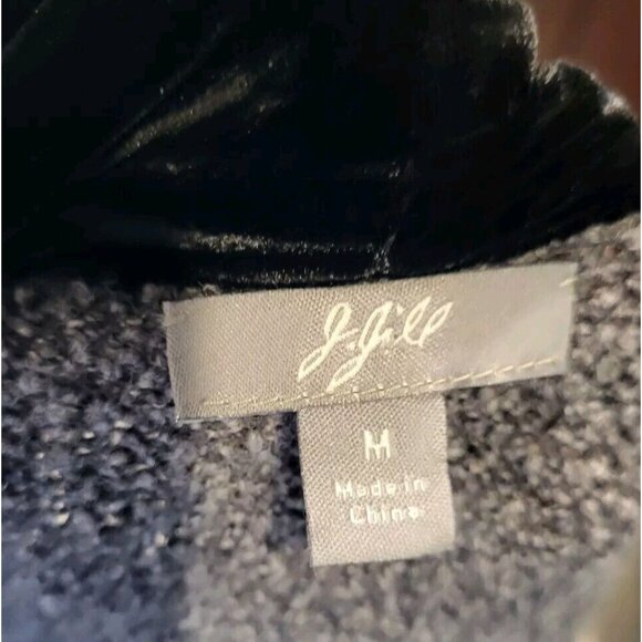J Jill Gray Black Merino Wool Silk Open Long Cardigan Sweater Velvet Trim Sz M - Picture 5 of 6